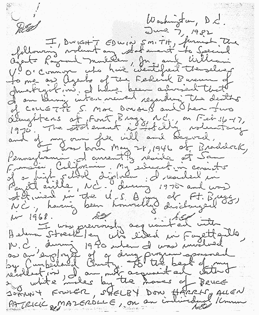 June 7, 1982: Handwritten statement of Dwight Smith, p. 1 of 2