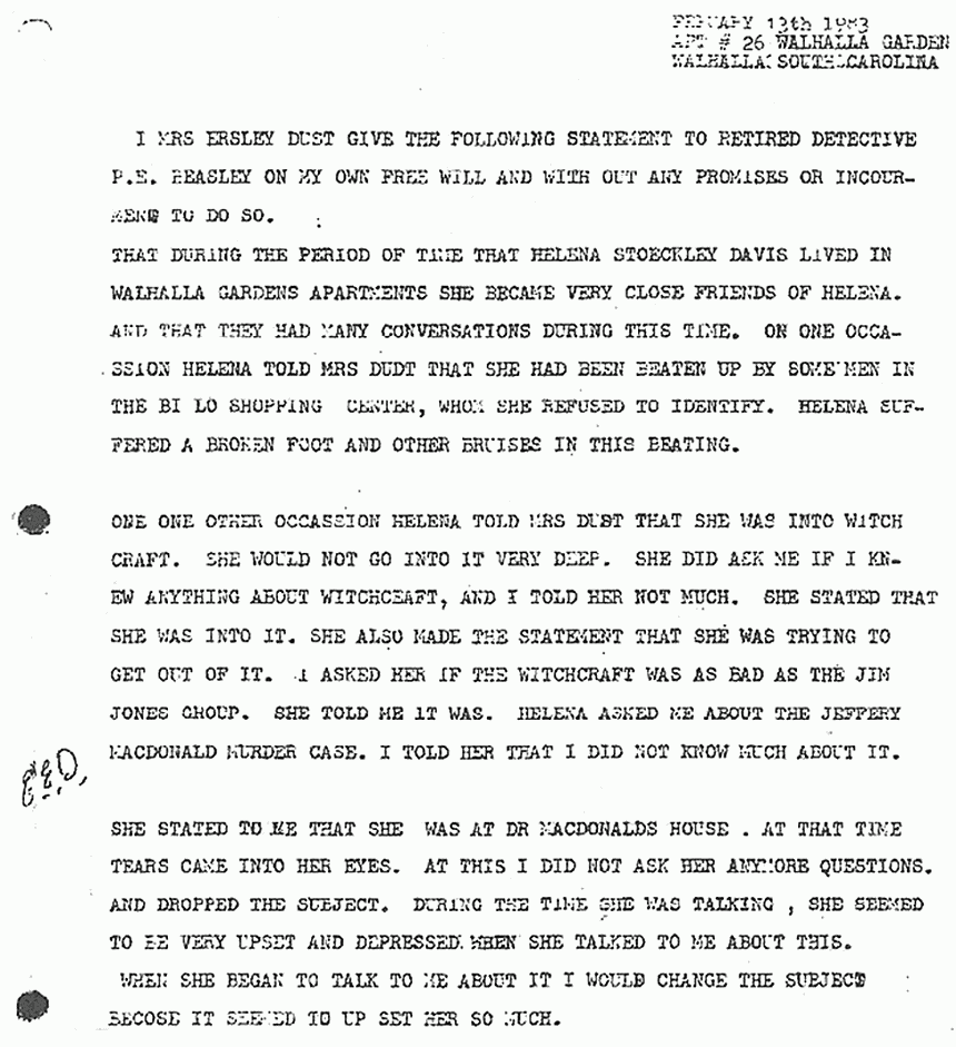 February 13, 1983: Statement of Mrs. Ersley Dust to P. E. Beasley re: Helena Stoeckley, p. 1 of 2