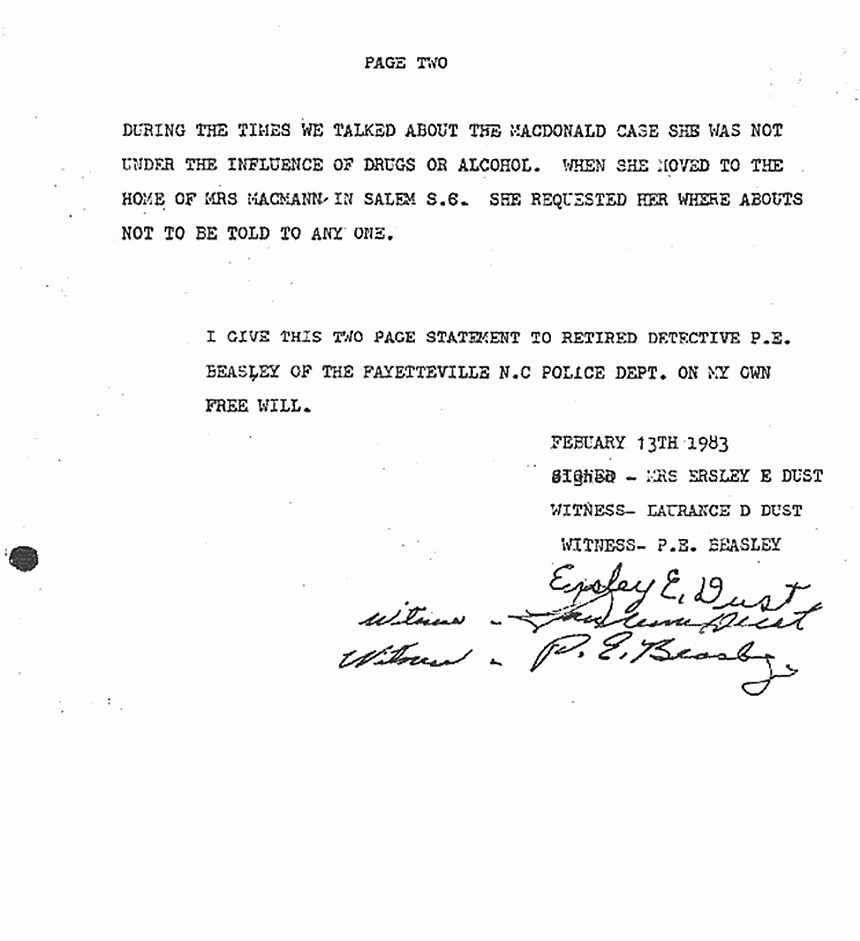 February 13, 1983: Statement of Mrs. Ersley Dust to P. E. Beasley re: Helena Stoeckley, p. 2 of 2