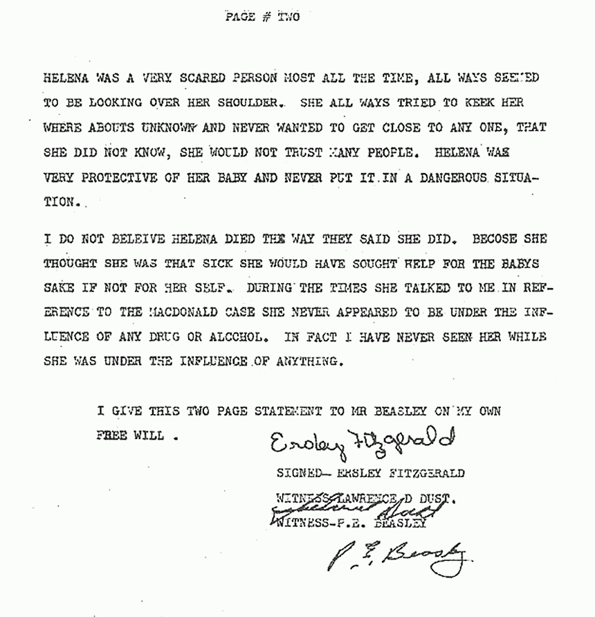 February 13, 1983: Statement of Ersley Fitzgerald to P. E. Beasley re: Helena Stoeckley, p. 2 of 2