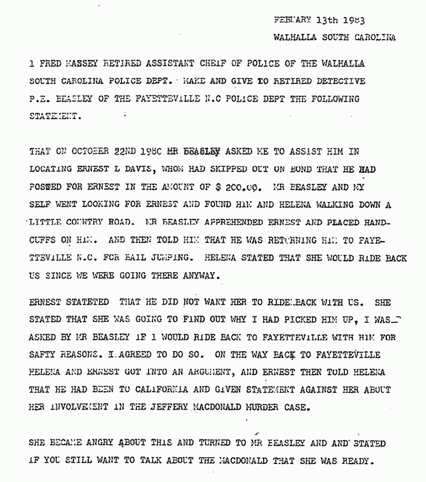 February 13, 1983: Statement of Fred Massey to P. E. Beasley re: Helena Stoeckley, p. 1 of 2