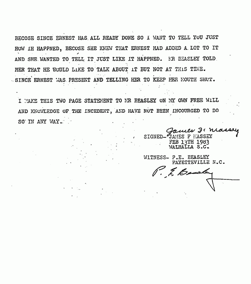 February 13, 1983: Statement of Fred Massey to P. E. Beasley re: Helena Stoeckley, p. 2 of 2