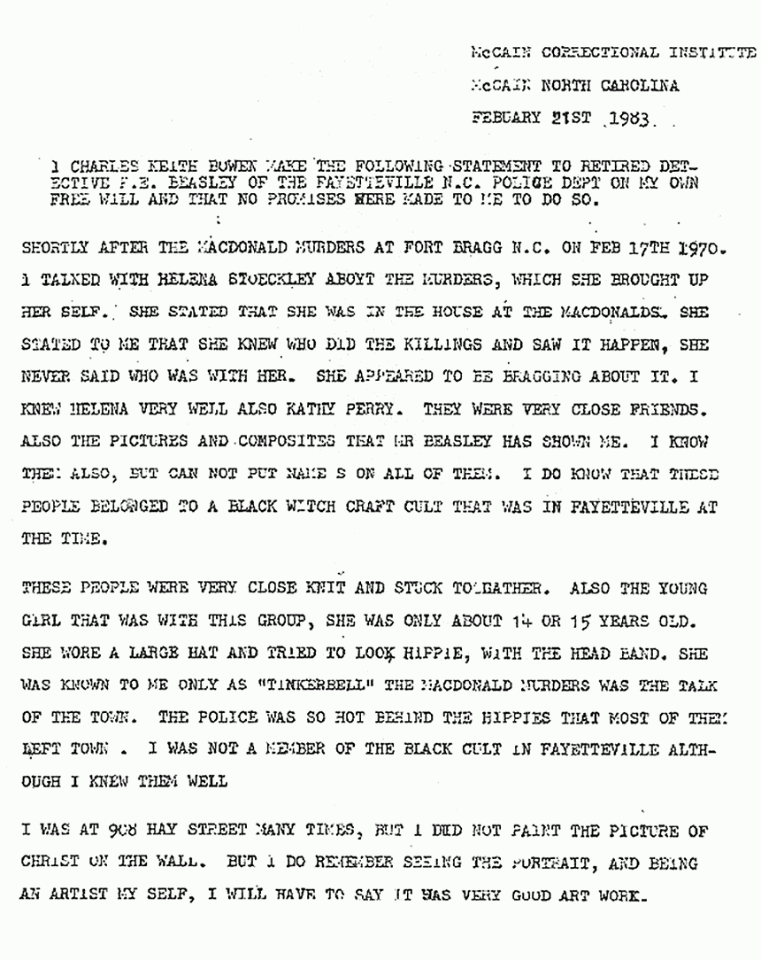 February 21, 1983: Statement of Charles Keith Bowen to P. E. Beasley re: Helena Stoeckley, p. 1 of 2