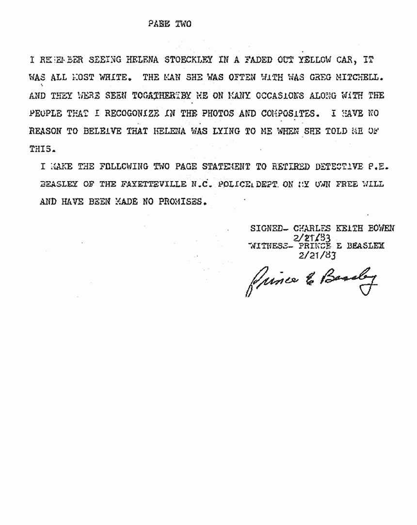 February 21, 1983: Statement of Charles Keith Bowen to P. E. Beasley re: Helena Stoeckley, p. 2 of 2
