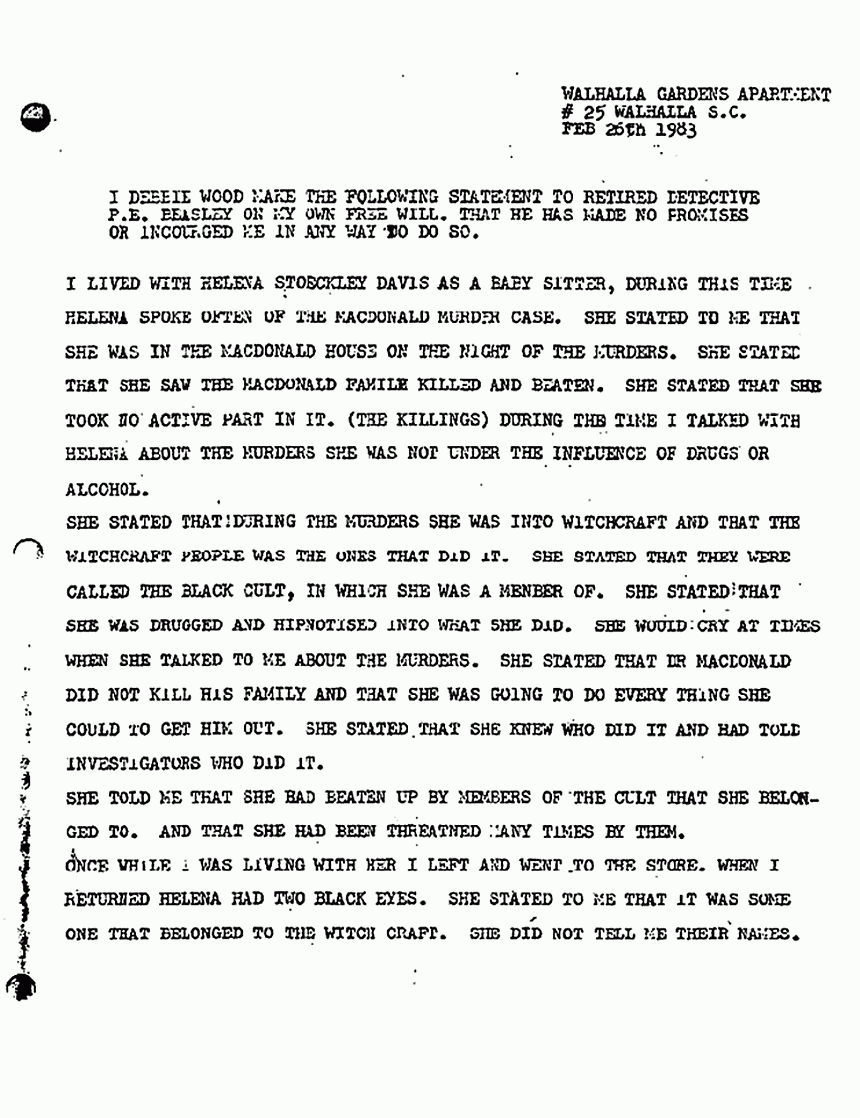 February 26, 1983: Statement of Debiie Wood to P. E. Beasley re: Helena Stoeckley, p. 1 of 2