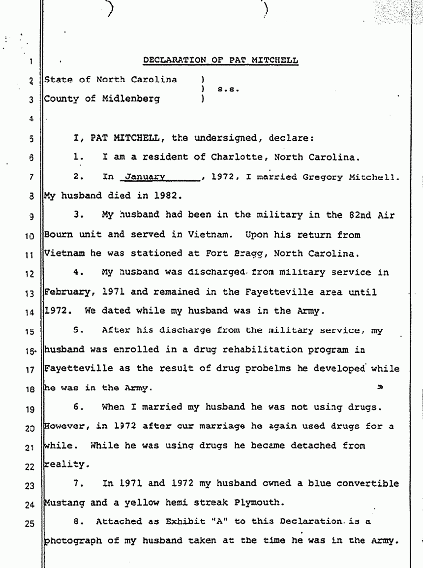 July 20, 1983: Declaration of Pat Michell re: Greg Mitchell, p. 1 of 2