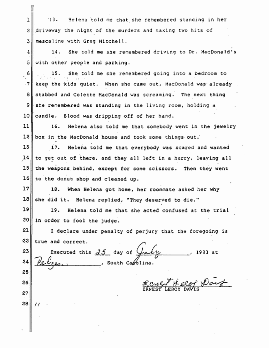 July 25, 1983: Declaration of Ernest Davis re: Helena Stoeckley, p. 3 of 4