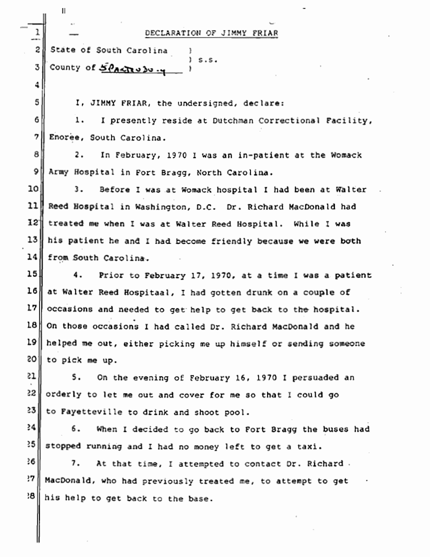 July 25, 1983: Declaration of Jimmy Friar re: Attempted Phone Call to Dr. Richard MacDonald p. 1 of 3