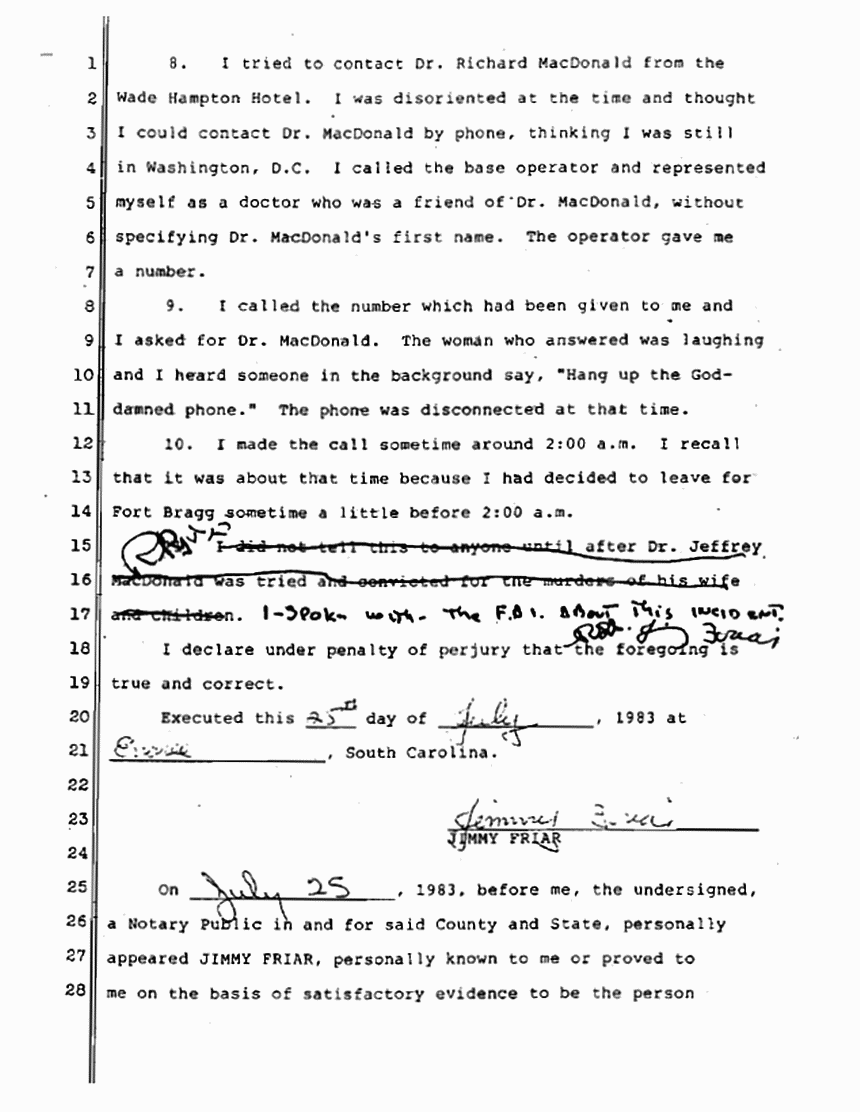 July 25, 1983: Declaration of Jimmy Friar re: Attempted Phone Call to Dr. Richard MacDonald p. 2 of 3
