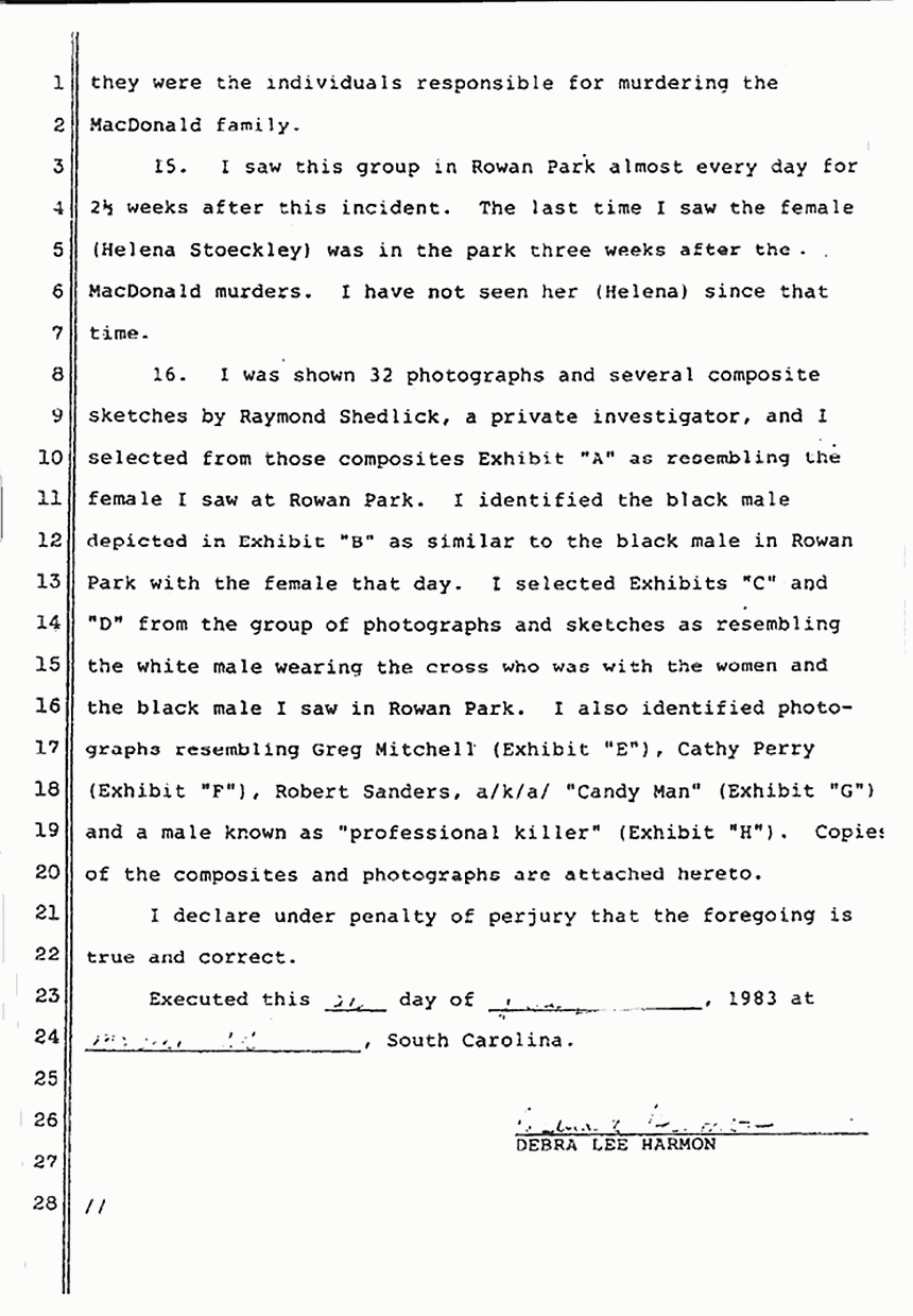 July 26, 1983: Declaration of Debra Lee Harmon re: Suspects, p. 3 of 4