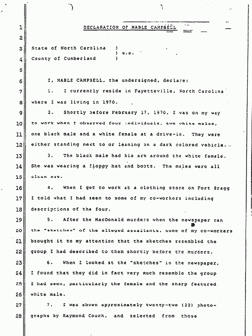 Sept. 12, 1983: Declaration of Mable Campbell re: Suspects, p. 1 of 2