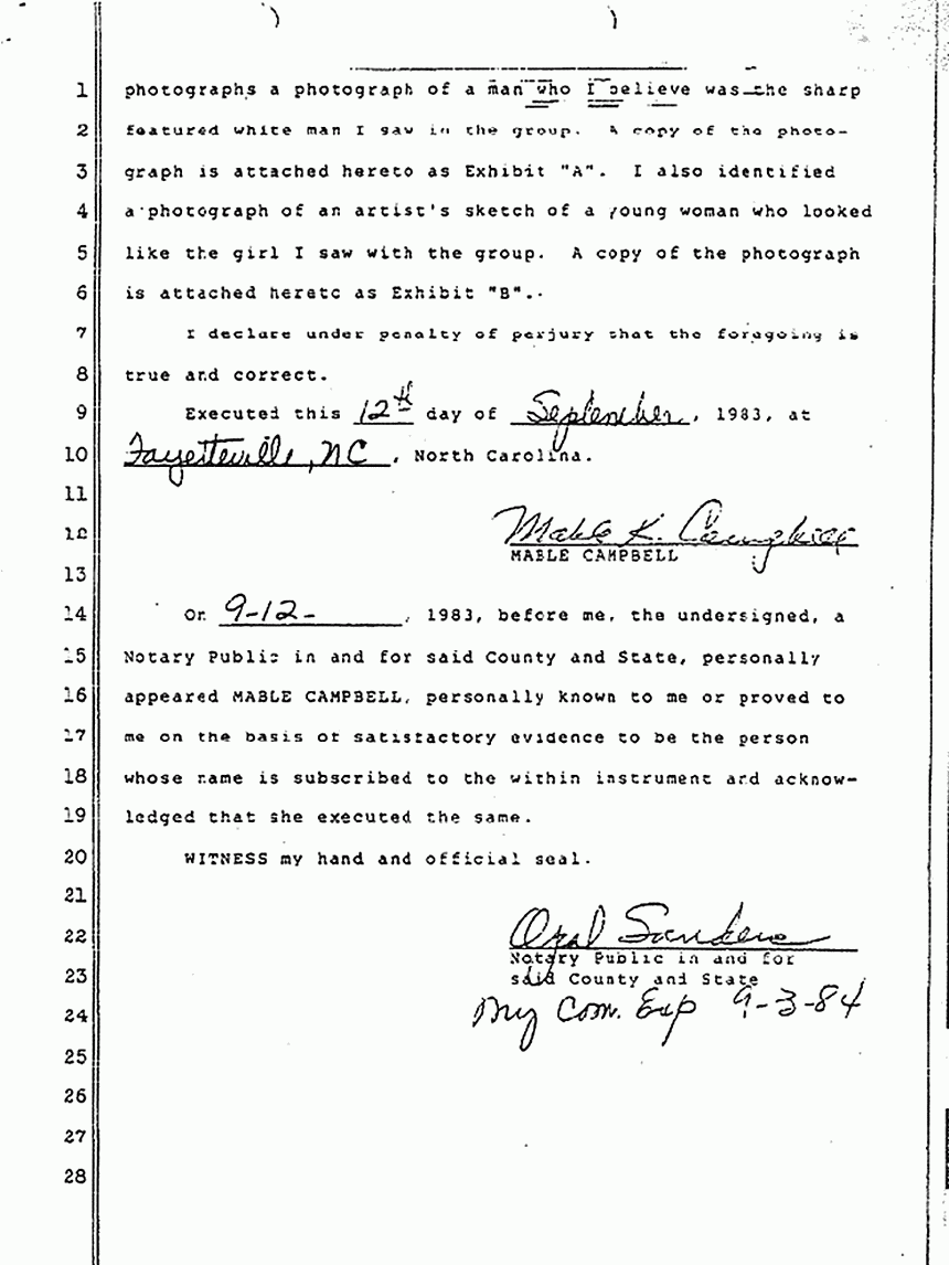 Sept. 12, 1983: Declaration of Mable Campbell re: Suspects, p. 2 of 2