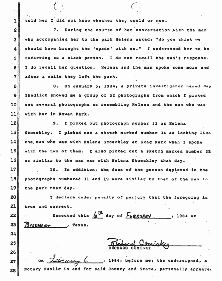 February 6, 1984: Declaration of Richard Comisky re: Helena Stoeckley p. 2 of 3