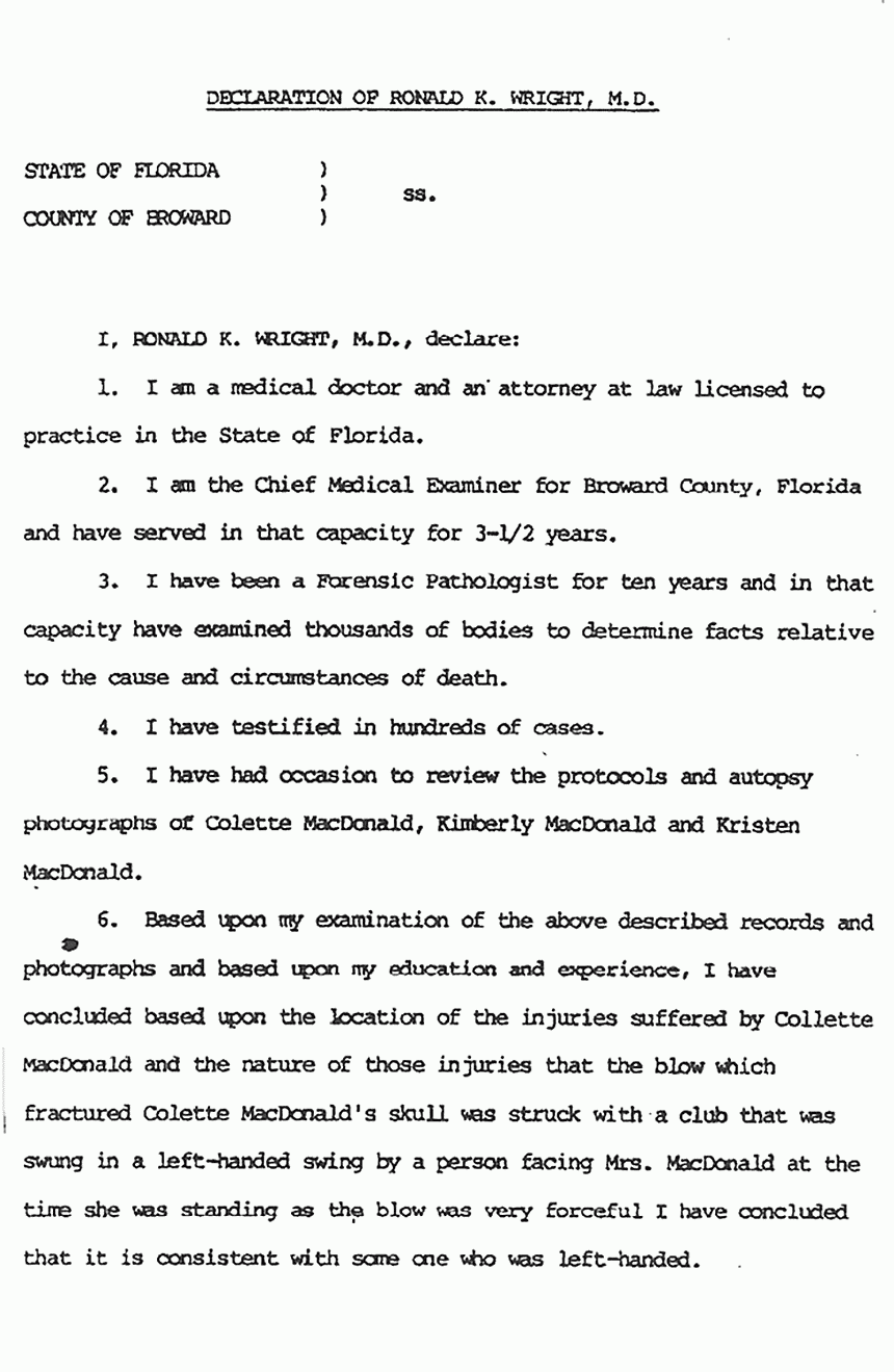 February 15, 1984: Declaration of Ronald Wright, M.D. re: Wounds of Colette and Kristen MacDonald, p. 1 of 2
