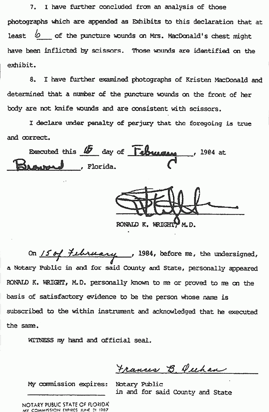 February 15, 1984: Declaration of Ronald Wright, M.D. re: Wounds of Colette and Kristen MacDonald, p. 2 of 2