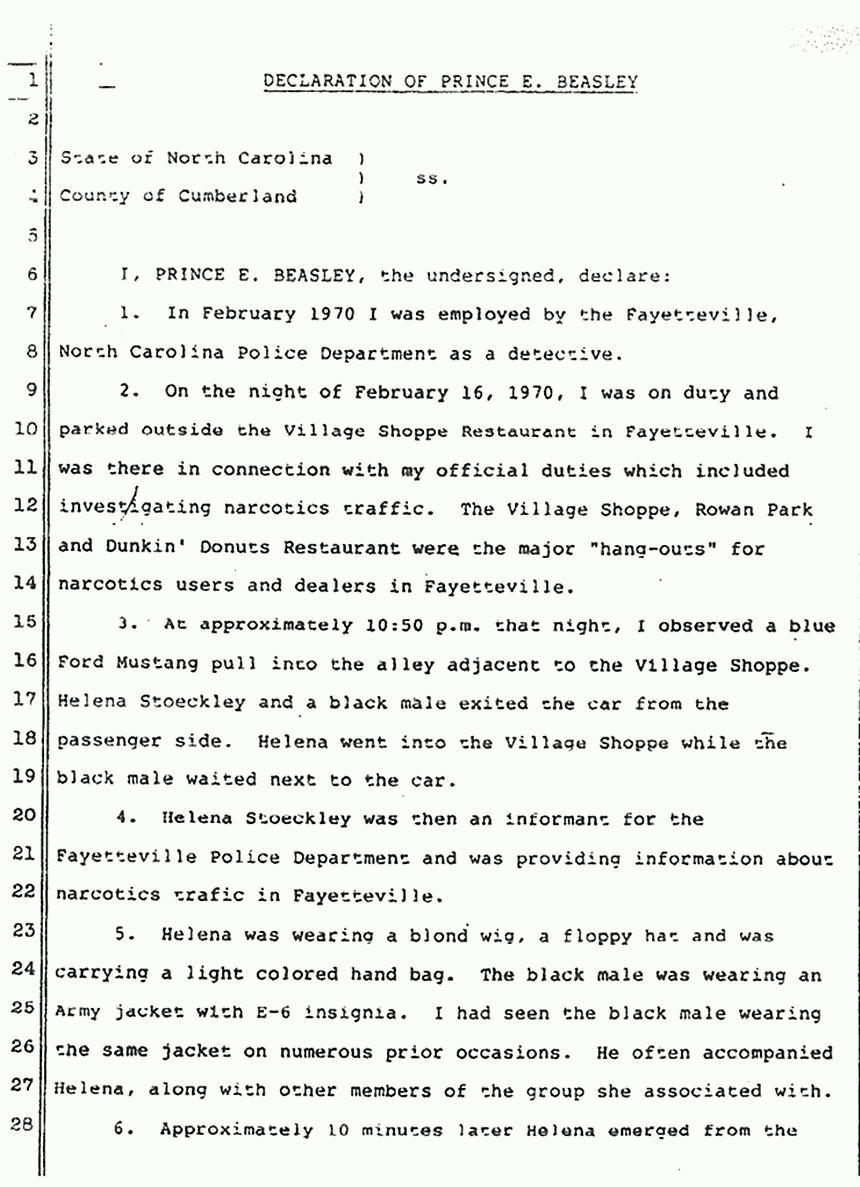 March 27, 1984: Declaration of Prince Beasley re: Helena Stoeckley and Other Possible Suspects, p. 1 of 6