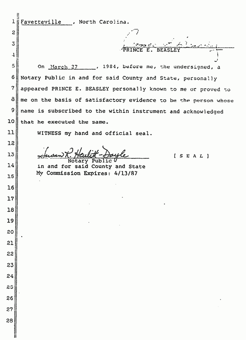 March 27, 1984: Declaration of Prince Beasley re: Helena Stoeckley and Other Possible Suspects, p. 6 of 6