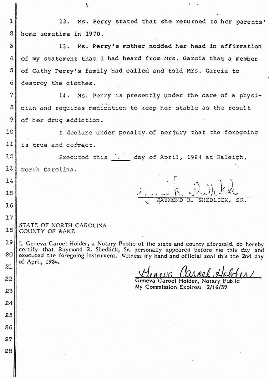 April 2, 1984: Declaration of Raymond Shedlick re: Cathy Perry p. 3 of 3
