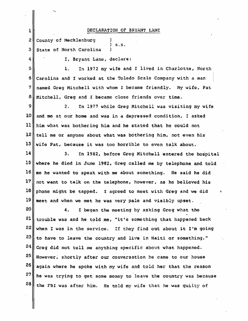 April 14, 1984: Declaration of Bryant Lane re: Greg Mitchell p. 1 of 2