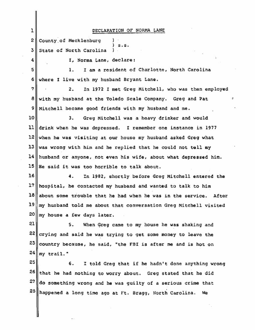 April 14, 1984: Declaration of Norma Lane re: Greg Mitchell p. 1 of 2