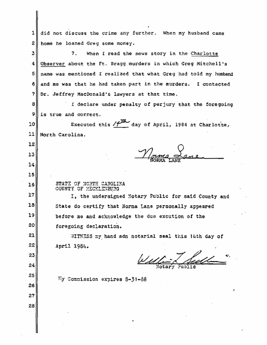 April 14, 1984: Declaration of Norma Lane re: Greg Mitchell p. 2 of 2