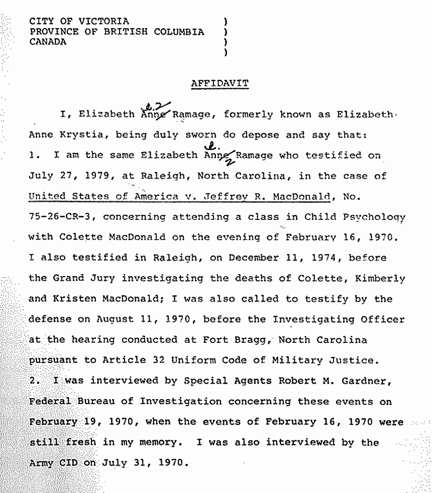 May 17, 1984: Affidavit of Elizabeth Ramage (formerly Elizabeth Krystia) re: Attending Class With Colette MacDonald, p. 1 of 3