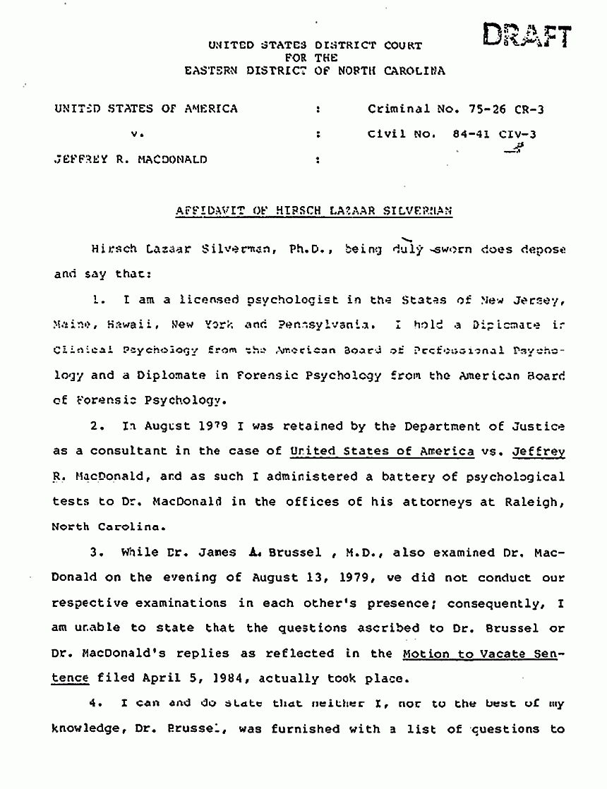 June 5, 1984: Affidavit of Dr. Hirsch Silverman re: Dr. Brussel and the Examination of Jeffrey MacDonald p. 1 of 2