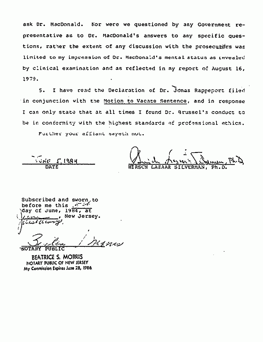 June 5, 1984: Affidavit of Dr. Hirsch Silverman re: Dr. Brussel and the Examination of Jeffrey MacDonald p. 2 of 2