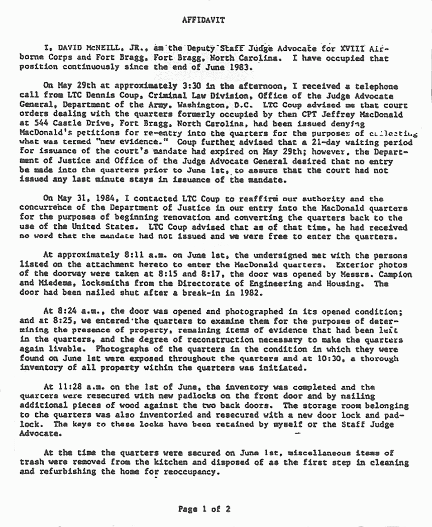 June 5, 1984: Affidavit of LTC David McNeill re: inventory of 544 Castle Dr., p. 1 of 2