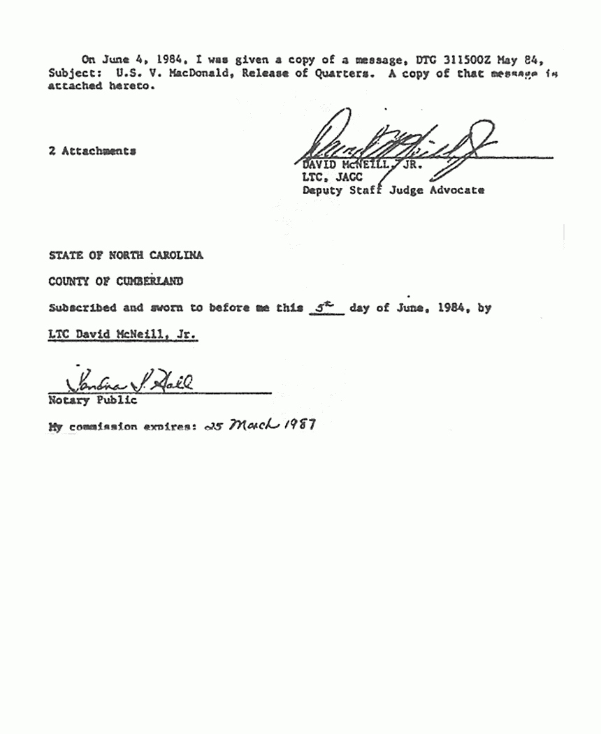 June 5, 1984: Affidavit of LTC David McNeill re: inventory of 544 Castle Dr., p. 2 of 2