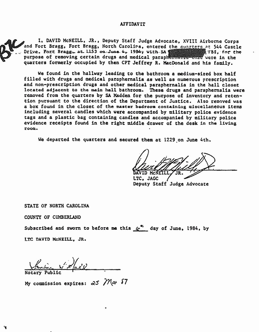 June 6, 1984: Affidavit of LTC David McNeill re: CID and FBI inventory of 544 Castle Dr.