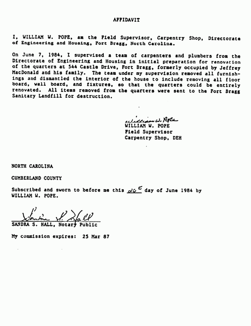 June 26, 1984: Affidavit of William Pope re: June 7, 1984 initial preparation for renovation of 544 Castle Dr.