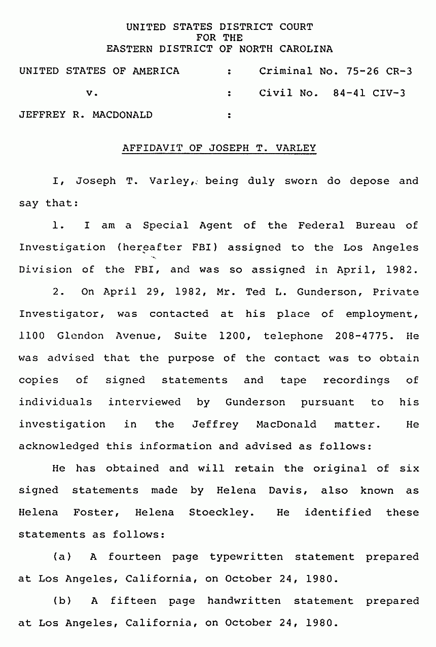June 29, 1984: Affidavit of Joseph Varley (FBI) re: Ted Gunderson, p. 1 of 4