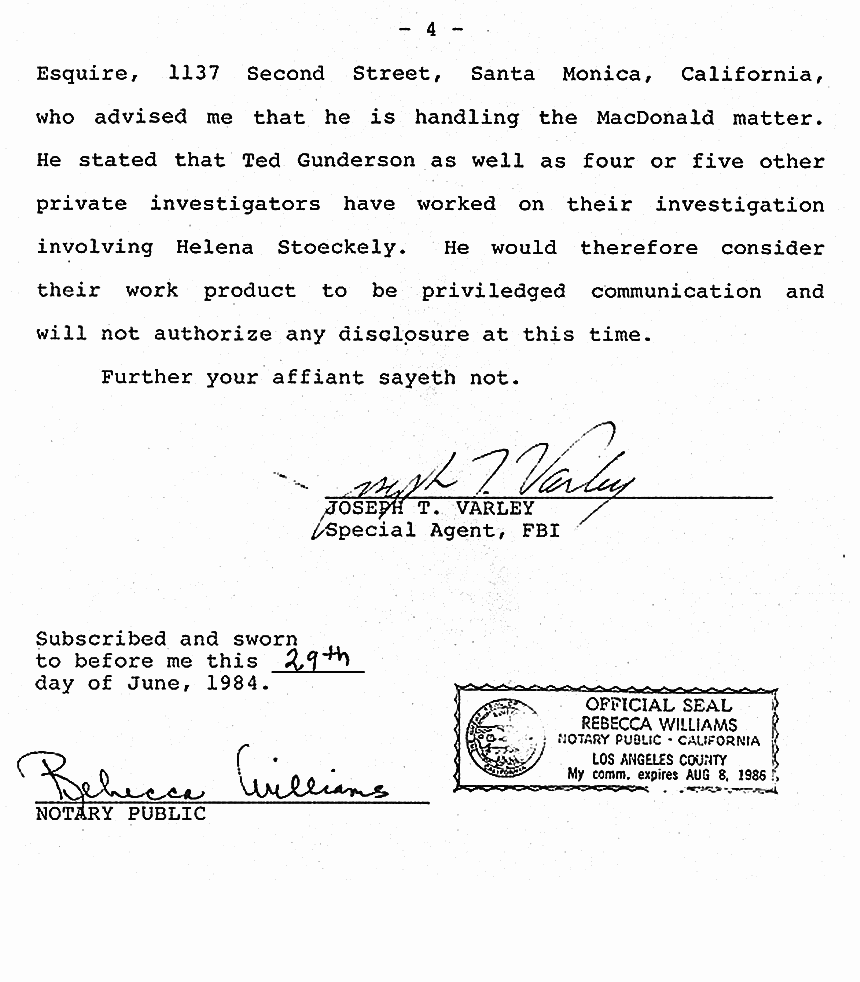 June 29, 1984: Affidavit of Joseph Varley (FBI) re: Ted Gunderson, p. 4 of 4