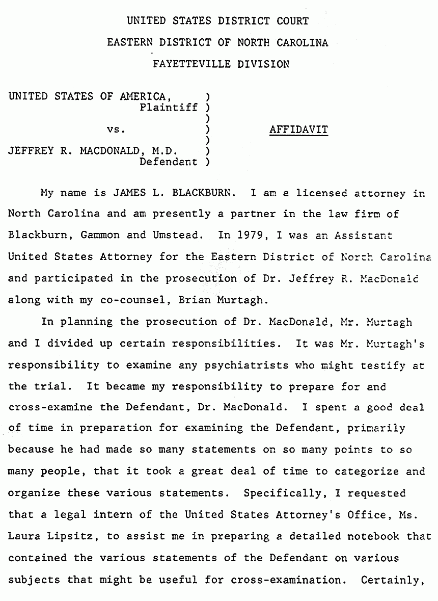 July 2, 1984: Affidavit of James Blackburn re: Dr. Brussel and the cross-examination of Jeffrey MacDonald, p. 1 of 4