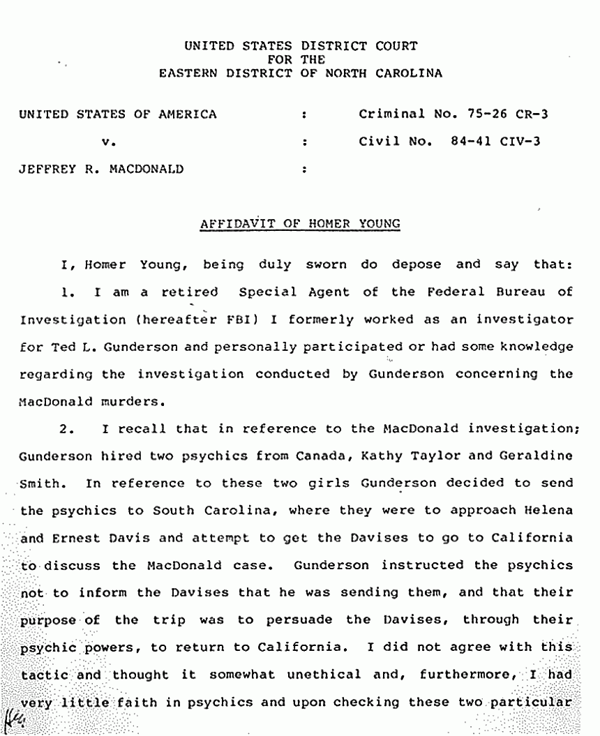 July 3, 1984: Affidavit of Homer Young (FBI, retired) re: Ted Gunderson, p. 1 of 4