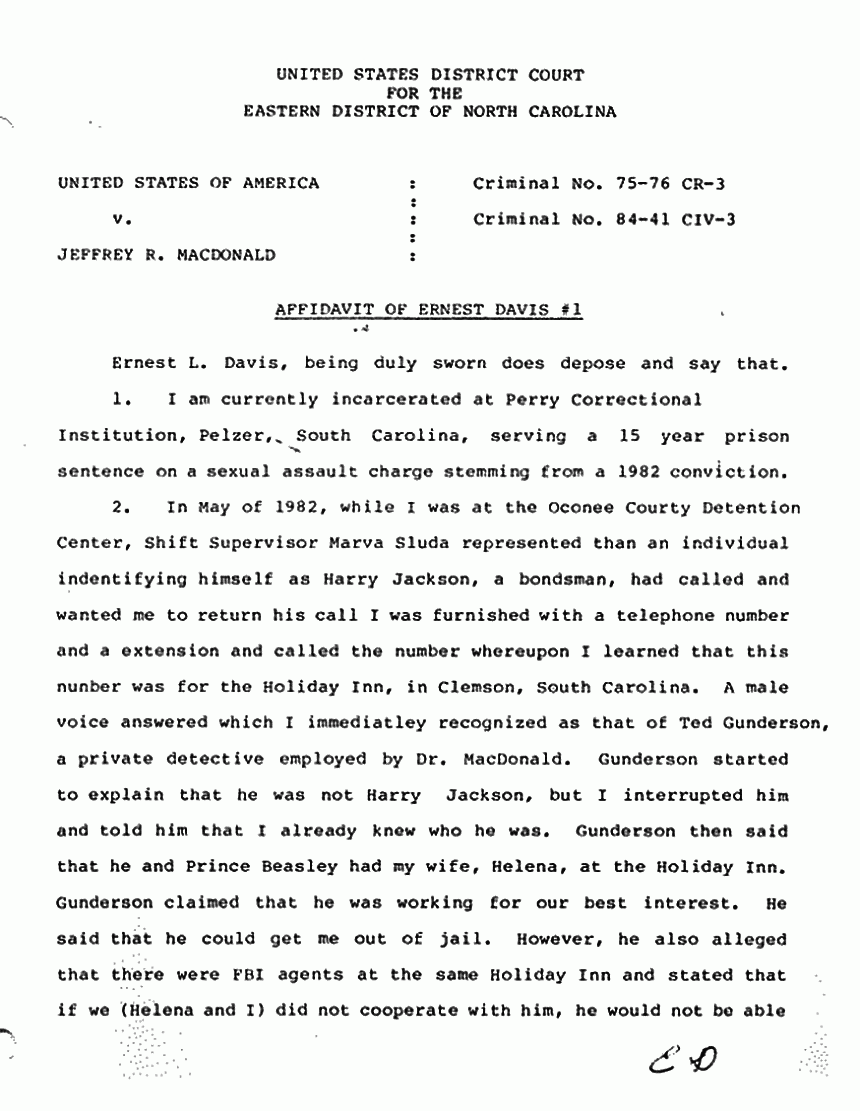 July 9, 1984: Affidavit #1 of Ernest Davis re: Helena Stoeckley, Ted Gunderson, and Prince Beasley, p. 1 of 3