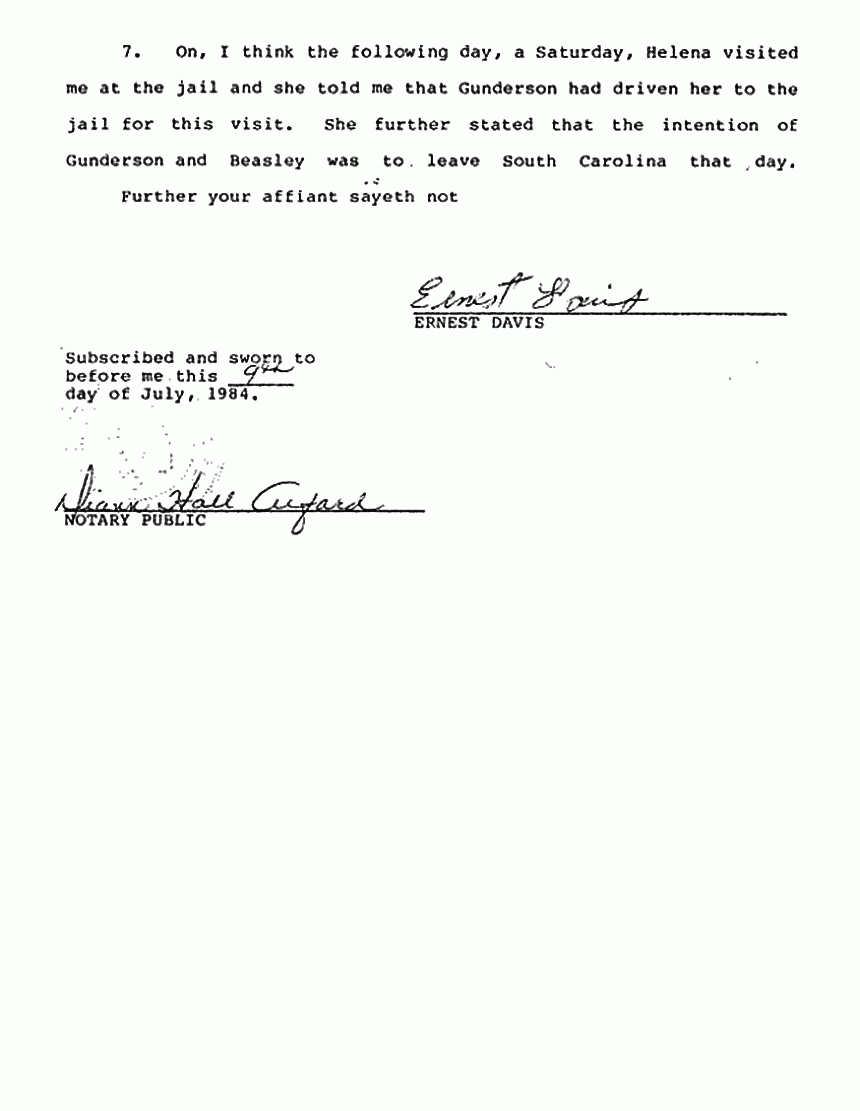 July 9, 1984: Affidavit #1 of Ernest Davis re: Helena Stoeckley, Ted Gunderson, and Prince Beasley, p. 3 of 3