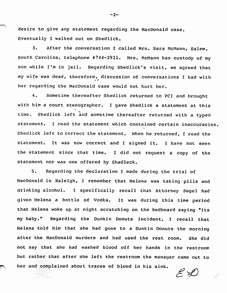 July 9, 1984: Affidavit #2 of Ernest Davis re: Ray Shedlick, Helena Stoeckley and Prince Beasley, p. 2 of 4