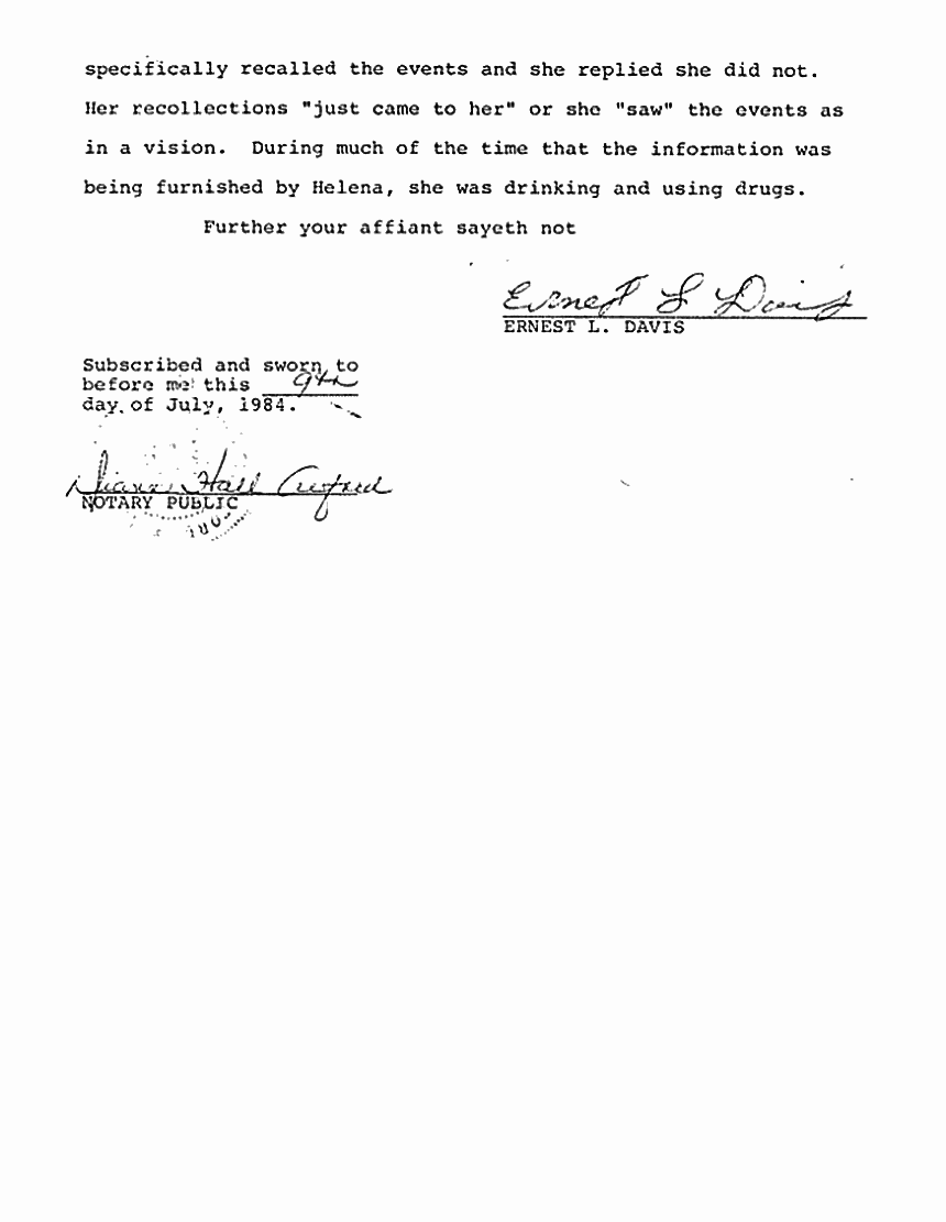 July 9, 1984: Affidavit #2 of Ernest Davis re: Ray Shedlick, Helena Stoeckley and Prince Beasley, p. 4 of 4