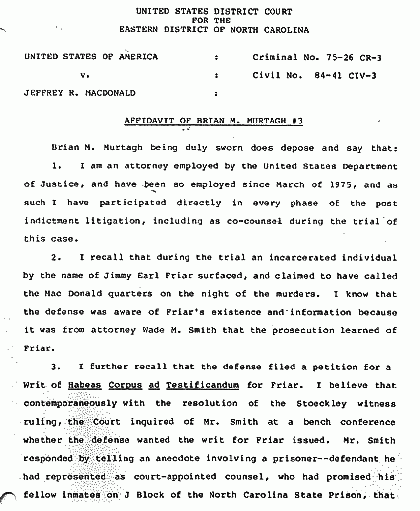 July 12, 1984: Affidavit #3 of Brian Murtagh re: Jimmy Friar,p. 1 of 2