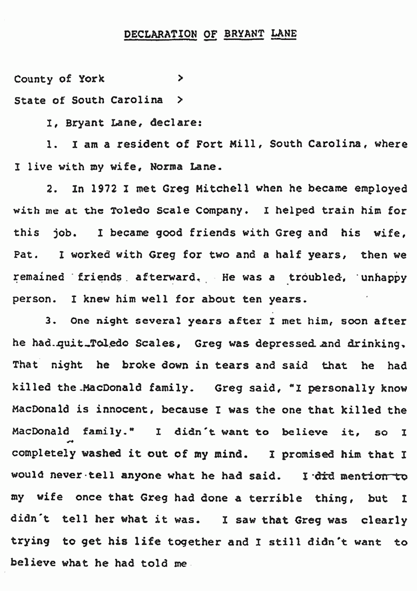 July 15, 1988: Declaration of Bryant Lane re: Greg Mitchell, p. 1 of 7