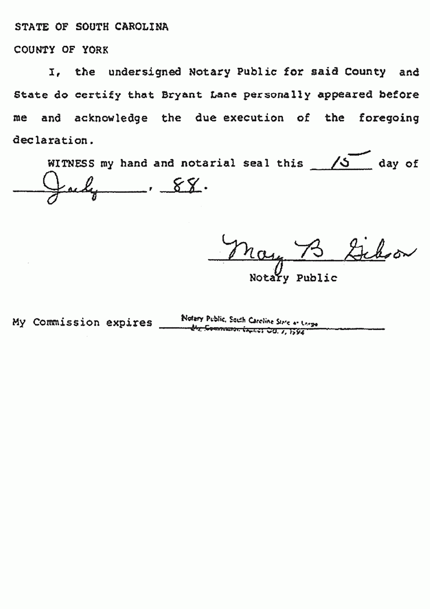 July 15, 1988: Declaration of Bryant Lane re: Greg Mitchell, p. 7 of 7