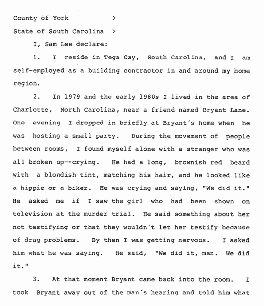 July 15, 1988: Declaration of Sam Lee re: Bryant Lane and Greg Mitchell, p. 1 of 3