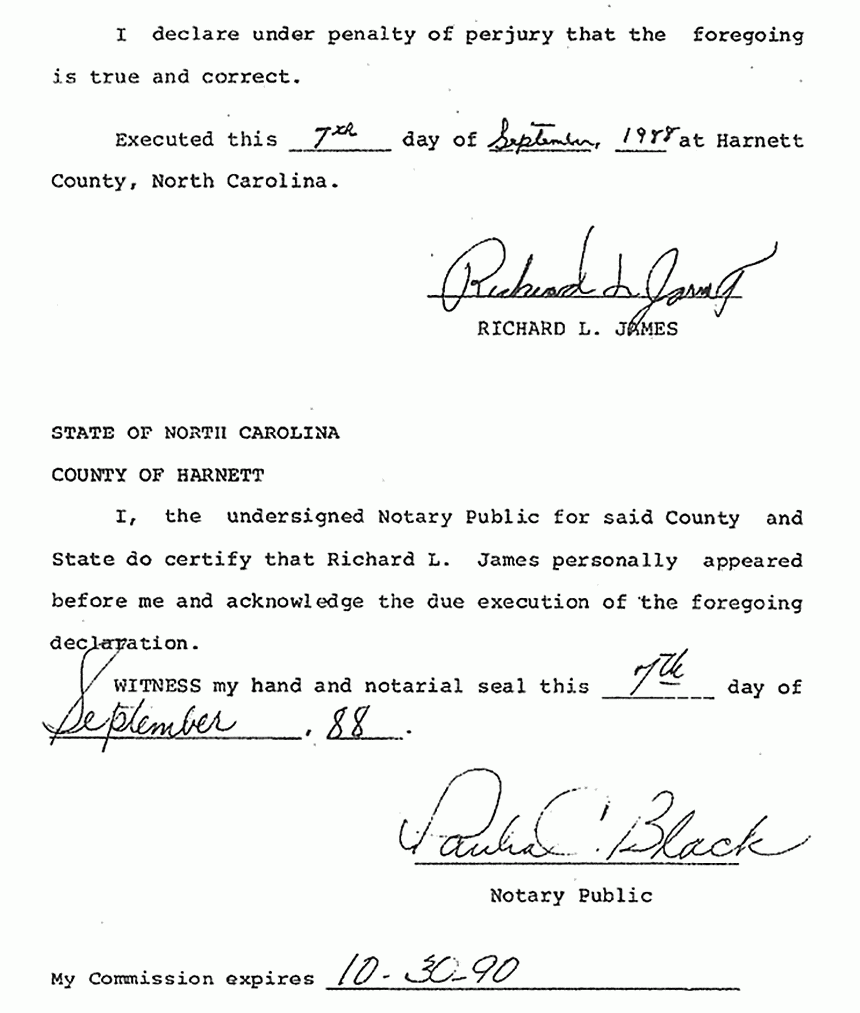 September 7, 1988: Declaration of Richard James re: Jury Foreman David Hardison (U.S. vs. Jeffrey MacDonald, 1979), p. 2 of 2