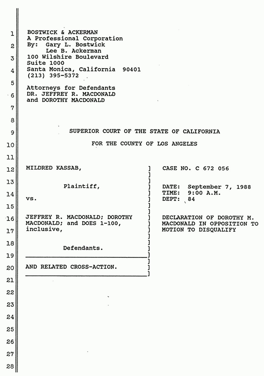 September 7, 1988: Unsigned Declaration of Dorothy MacDonald in Opposition to Motion to Disqualify Counsel, p. 1 of 3