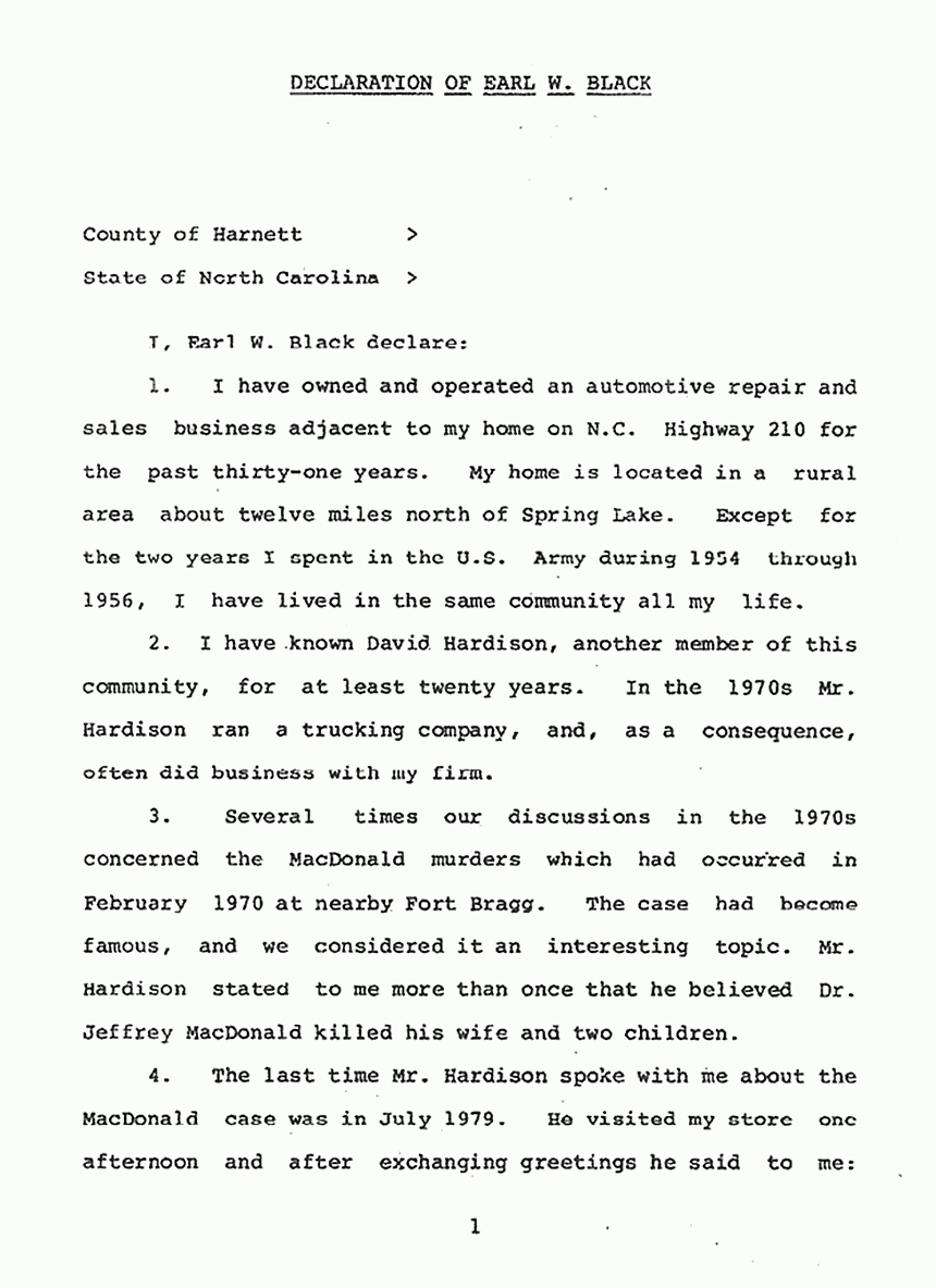 September 9, 1988: Declaration of Earl Black re: Jury Foreman David Hardison (U.S. vs. Jeffrey MacDonald, 1979), p. 1 of 3