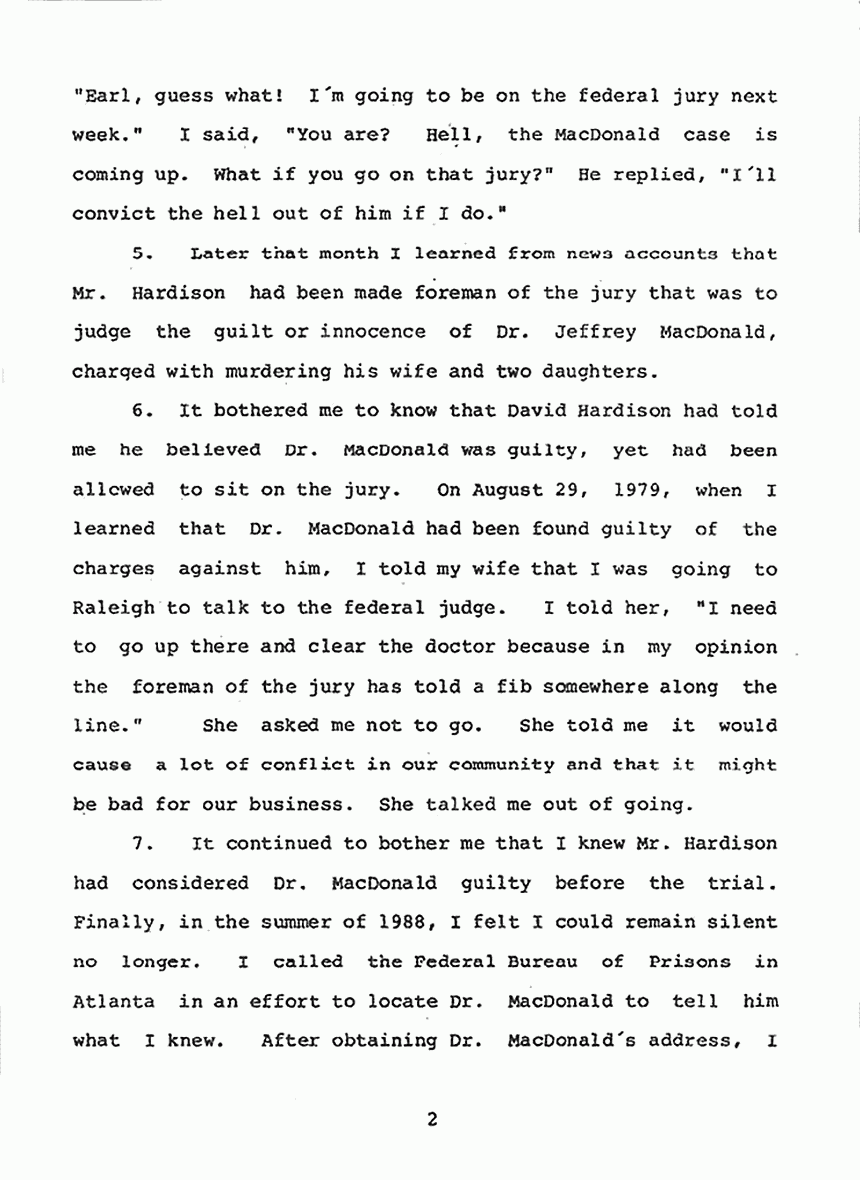 September 9, 1988: Declaration of Earl Black re: Jury Foreman David Hardison (U.S. vs. Jeffrey MacDonald, 1979), p. 2 of 3