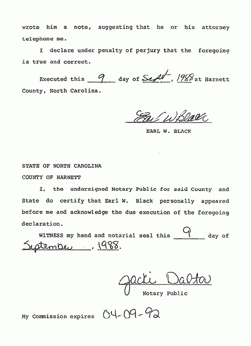 September 9, 1988: Declaration of Earl Black re: Jury Foreman David Hardison (U.S. vs. Jeffrey MacDonald, 1979), p. 3 of 3