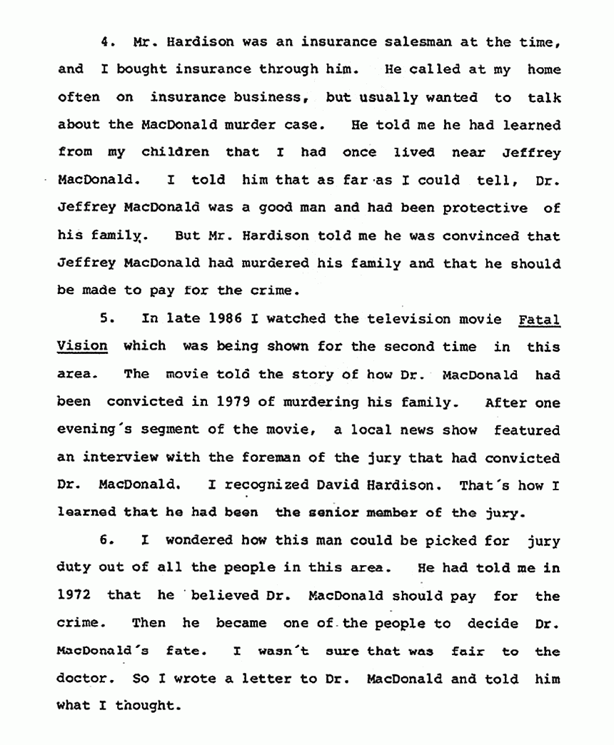 September 19, 1988: Declaration of Raymond Klein re: Jury Foreman David Hardison (U.S. vs. Jeffrey MacDonald, 1979) p. 2 of 3